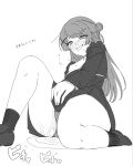  1girl akiha_school_uniform bang_dream! bang_dream!_yumemita blush greyscale grin hair_bun hair_ornament highres knee_up long_hair long_sleeves monochrome nagomu_7_56 panties pee peeing peeing_self school_uniform shirt shoes simple_background single_side_bun sitting skirt smile socks solo translation_request underwear viola_(bang_dream!) white_background x_hair_ornament 