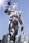  1boy absurdres antennae armor black_bodysuit blue_eyes blue_sky bodysuit building city cityscape helmet highres kamen_rider kamen_rider_atlas kamen_rider_kabuto_(series) lens_flare male_focus pointing pointing_up power_armor reiei_8 rider_belt sky solo sun tokusatsu visor_(armor) walking white_armor 