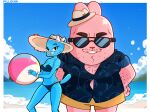 2026 anthro ball beach bikini blue_body bottomwear cartoon_network clothing domestic_cat duo eyewear felid feline felis female hat headgear headwear hi_res keitoonsart lagomorph leporid looking_at_viewer male mammal nicole_watterson pants pink_body rabbit richard_watterson sea shirt smile standing sunglasses swimwear tail the_amazing_world_of_gumball topwear two-piece_swimsuit water