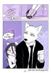 absurd_res accessory anthro blush blush_lines bodily_fluids bouncer brown_eyes canid canine canis clothing comic comic_panel crowd dark_hair dialogue dress duo english_text eulipotyphlan female footwear green_eyes group hedgehog hedgehog_girl_(kyogummi) hi_res high_heels kyogummi male mammal multicolored_body music musical_note musical_symbol necktie nightclub nipple_piercing nipple_slip nipples piercing pink_nipples poster security security_guard shoes size_difference sound_effects speech_bubble suit suit_jacket sweat sweatdrop symbol text wolf wolf_(kyogummi)