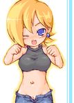  1girl ;d bemani blonde_hair blue_eyes blush breasts chabo_(fuketsudan) crop_top denim earring fang female halter_top halterneck happy jeans jewelry judy judy_(pop'n_music) large_breasts lowres navel navel_piercing no_panties one_eye_closed open_fly open_mouth pants piercing pop&#039;n_music pop'n_music pussy short_hair smile solo unbuttoned uncensored unzipped wink yamaika 