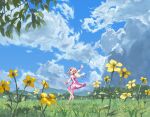  1girl :d bare_shoulders barefoot blonde_hair blue_eyes blue_hair blue_sky cloud commentary_request day dress flower gradient_hair highres ima_kako_mirai_no_sangenshoku lao_ren_xing long_hair love_live! love_live!_hasu_no_sora_jogakuin_school_idol_club medium_dress multicolored_hair open_mouth osawa_rurino outdoors outstretched_arms pink_dress sky smile solo spread_arms strapless strapless_dress very_long_hair wide_shot yellow_flower 