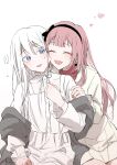  ... 2girls bang_dream! bang_dream!_our_notes black_hairband blue_eyes blush cardigan commentary dress earrings grey_cardigan hairband hand_on_another's_arm heart highres izumi_houka jewelry long_hair makio_alien multiple_girls open_mouth pink_hair shiomi_hotaru smile spoken_ellipsis white_dress white_hair yuri 