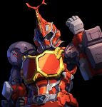  1boy assault_visor b-robo_kabutack beetle_horn black_assault_visor black_background clenched_hand commentary_request facing_ahead fake_horns hand_on_own_hip hand_up helmet highres horned_helmet horns humanoid_robot kabutack male_focus metal_hero red_horns robot simple_background single_horn solo taedu tokusatsu upper_body 