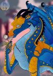 2023 ambiguous_gender blind blue_body blue_scales blurred_background chest_scar cloudy_mark countershade_torso countershading disability dragon european_mythology facial_horn feral flower frill_(anatomy) hi_res holding_flower holding_object horn long_neck markings membrane_(anatomy) membranous_frill membranous_wings mythological_creature mythological_scalie mythology neck_scar nose_horn nose_spike open_mouth plant rainwing_(wof) scales scalie scar snout solo tamarin_(wof) western_dragon wing_scar wings wings_of_fire yellow_body yellow_scales