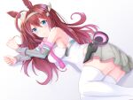  1girl ahoge animal_ears bare_shoulders blue_eyes blush breasts brown_hair closed_mouth commentary_request detached_sleeves grey_hairband grey_leotard grey_skirt grey_sleeves hair_between_eyes hairband highleg highleg_leotard highres horse_ears horse_girl itaba_atsushi large_breasts leotard long_hair looking_at_viewer lowleg lowleg_skirt lying mihono_bourbon_(mb-19890425)_(umamusume) mihono_bourbon_(umamusume) missing_tail necktie on_side pink_necktie silver_hairband skirt solo thighhighs umamusume white_leotard white_thighhighs 