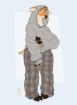 2026 absurd_res anthro black_hooves bottomwear breasts clothed clothing cloven_hooves deer digital_drawing_(artwork) digital_media_(artwork) female flat_colors fully_clothed fur grey_bottomwear grey_clothing grey_eyes grey_hoodie grey_topwear head_tuft hi_res hood_up hoodie hooves long_sleeves looking_at_viewer mammal multicolored_clothing orange_body oversized_clothing pants pattern_bottomwear pattern_clothing plaid plaid_clothing remulle_(artist) simple_background snout solo standing tail tan_body topwear tuft