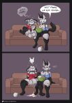 absurd_res anthro balls big_breasts black_body black_ears black_fur black_tail blue_clothing blue_shirt blue_topwear blush blush_lines bodily_fluids bottomless bottomless_anthro bottomless_male bottomwear bowl breasts brown_sofa cheek_spiral chips_(food) clothed clothed_anthro clothed_female clothing comic container cum cum_in_mouth cum_inside cum_on_food cum_on_ground cum_pool dark_balls dark_body dark_fur dark_penis dialogue domestic_cat drinking drinking_cum ear_piercing eating eating_chips ejaculation english_text exposed_shoulder felid feline felis female food fully_clothed fully_clothed_anthro fully_clothed_female fur furniture genital_fluids genitals gloves_(marking) grey_balls grey_body grey_fur grey_inner_ear grey_penis hi_res hotpants hybrid ippa_(ipskrimson) ippy_(ipskrimson) ipskrimson lagomorph leg_markings leporid male mammal markings multicolored_body multicolored_fur pants penile penis penis_milking penis_squeeze piercing purple_bottomwear purple_clothing purple_pants rabbit red_clothing red_shirt red_topwear shirt shorts shoulder_strap socks_(marking) sofa spiral spiral_eyes tail text topwear two_tone_body two_tone_fur unconscious