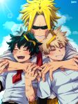  3boys :d ^_^ age_difference all_might anime_coloring aqua_hair arm_around_neck artist_name bakugou_katsuki belt belt_buckle black_sclera blonde_hair blue_sky blush boku_no_hero_academia brown_belt buckle closed_eyes clothing_request cloud collared_shirt colored_sclera commentary_request cumulonimbus_cloud curtained_hair day dress_shirt eyes_visible_through_hair facing_viewer fingernails freckles front-to-back grid_teeth grin half-closed_eyes hand_on_another's_arm hand_on_another's_hand hand_up hands_up happy head_on_head head_rest heads_together highres hug hug_from_behind kmrn_urak lens_flare light_rays male_focus midoriya_izuku multiple_boys multiple_scars necktie non-circular_lens_flare open_collar open_mouth pants parted_bangs parted_hair partial_commentary pinstripe_pants pinstripe_pattern plain_epaulettes red_eyes red_necktie scar scar_on_arm scar_on_cheek scar_on_face scar_on_hand school_uniform shirt short_hair short_sleeves side-by-side sky smile spiked_hair summer_uniform sunbeam sunlight teacher_and_student tsurime u.a._school_uniform upper_body white_shirt yagi_toshinori yellow_pants 