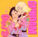  alloydia belt black_belt blonde_hair blue_eyes closed_eyes commentary earth_federation_space_forces facing_viewer flag_patch gundam hand_on_another's_chin happy jacket looking_at_viewer medium_hair mirai_yashima mobile_suit_gundam open_mouth patch pink_jacket sayla_mass smile teeth tongue unit_patch untranslatable_commentary 