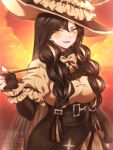  1girl belt_buckle black_gloves black_hair blonde_streaks bow bowtie braid breasts brown_bow brown_bowtie brown_dress buckle colorful_clouds commentary_request cowboy_shot dress elbow_gloves evening fingerless_gloves frilled_hat frilled_sleeves frills gloves hair_over_shoulder hat hat_feather highres holding holding_smoking_pipe jeanne_(project_moon) large_breasts limbus_company long_hair low_twin_braids lower_teeth_only multicolored_hair open_mouth orange_sky project_moon puffy_short_sleeves puffy_sleeves rug_(yurari606) short_sleeves single_wrist_cuff sky smile smoking_pipe solo streaked_hair teeth twin_braids twitter_username two-tone_hair underbust very_long_hair watermark wrist_cuffs yellow_eyes 