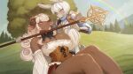 16:9 anna_(furlough_games) anthro armor bangs blue_clothing bob_cut bottomwear bovid bovid_horn bow_ribbon breasts caprine caprine_horn cleavage cleavage_overflow clothed clothing corset curled_horn curly_hair curvy_figure detailed detailed_background digital_drawing_(artwork) digital_media_(artwork) digital_painting_(artwork) dungeons_and_furries duo ear_piercing eirian_(furlough_games) eyebrow_through_hair eyebrows female femboy flirting forest frilly frilly_clothing fur furlough_games gold_(metal) grey_body grey_fur hair hand_holding hare hi_res horn lagomorph larger_female leporid lingerie long_ears male male/female mammal meadow metal narrowed_eyes nature nature_background off_shoulder outside painting_(artwork) piercing plant rainbow red_bottomwear red_clothing red_eyes red_skirt shaded sheep sheep_ears sitting size_difference skirt slightly_chubby smaller_male smile soft_shading staff sun suspicious tan_body thick_thighs threatening thren topwear translucent translucent_hair tree warrior white_hair wide_hips widescreen yellow_eyes
