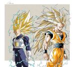  2boys aura blonde_hair commentary_request dougi dragon_ball dragon_ball_daima electricity highres long_hair male_focus multiple_boys saiyan saiyan_armor shinzeno son_goku spiked_hair super_saiyan super_saiyan_3 tall_hair vegeta very_long_hair 