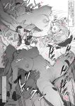  1boy 1girl bar_censor blush bouncing_breasts breasts breasts_out catura_(granblue_fantasy) censored closed_eyes commentary_request draph earrings granblue_fantasy greyscale happy_sex hat head_tilt hetero highres jewelry kotoribako large_areolae large_breasts long_hair missionary moaning monochrome navel nipples nose_blush on_bed open_mouth pinching_another's_belly pointy_ears reverse_cowgirl_position sex sound_effects spread_legs straddling sweat thighhighs topless_female visible_ears 