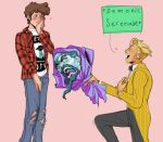 aged_up bill_cipher blonde_hair blush bottomwear bouquet clothed clothing demon demon_humanoid denim denim_bottomwear denim_clothing dipper_pines disney fully_clothed gravity_falls group hair heart_symbol human humanoid humanoid_pointy_ears jeans kneeling male male/male mammal not_furry on_one_knee pants pointy_ears shirt singing smile speech_bubble that1gayship topwear trio