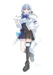  1girl :d absurdres asymmetrical_legwear black_ribbon black_shoes black_skirt black_socks blue_bow bow braid breasts chest_harness coat coat_partially_removed collared_shirt commentary ear_piercing full_body grey_hair hair_ornament hair_ribbon hairclip hakase_fuyuki hakase_fuyuki_(10th_costume) harness highres holding holding_test_tube kneehighs kotorime_(kmizuq1) large_breasts long_hair long_sleeves looking_at_viewer low_twintails mismatched_legwear nijisanji number_hair_ornament off_shoulder open_clothes open_coat pi_(math) piercing pleated_skirt red_eyes ribbon shirt shoes signature simple_background skirt smile socks solo standing standing_on_one_leg test_tube thigh_strap thighhighs twintails underbust untranslatable_commentary virtual_youtuber white_background white_coat white_shirt 