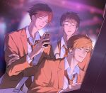  1012psp 3boys anger_vein arcade_cabinet bag blonde_hair brothers brown_hair brown_jacket brown_necktie cellphone commentary_request dress_shirt duffel_bag grey_hair haikyuu!! holding holding_phone jacket male_focus middle_part miya_atsumu miya_osamu multiple_boys necktie open_collar phone playing_games school_uniform shirt siblings smartphone suna_rintarou twins upper_body white_shirt 