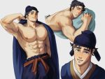  1boy abs bara black_hair blue_eyes commentary english_commentary highres kusuriya_no_hitorigoto large_pectorals lihaku_(kusuriya_no_hitorigoto) male_focus multiple_views muscular muscular_arms muscular_male navel nipples pectorals serratus_anterior whimstic 