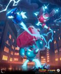 alvin_tyj ambiguous_gender blue_body blue_claws blue_eyes city claws electricity electricity_manipulation elemental_manipulation energy_ball english_text featureless_crotch gannon_(tetramon) group hi_res lifting_object looking_at_viewer machine mailbox midair outside raining raxx_(tetramon) red_body robot standing tcg_card_shop_simulator tetramon tetron_(tetramon) text thunder trio wet white_sclera