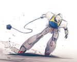  ball_and_chain_(weapon) chain commentary dust full_body glowing glowing_eyes gundam highres holding holding_weapon kato_takuji mecha mecha_focus mobile_suit motion_blur no_humans open_hand orange_eyes robot solo turn_a_gundam turn_a_gundam_(mobile_suit) weapon white_background yellow_eyes 
