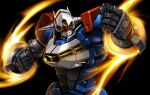  aqua_eyes black_background clenched_hands clenched_teeth commentary dendoh energy gear_fighter_dendoh mecha mecha_focus robot serious simple_background solo spinning standing taedu teeth upper_body 