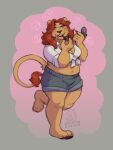 absurd_res anthro applying_makeup artist_name bottomwear clothed clothing cryptidcoyote denim denim_bottomwear denim_clothing denim_shorts felid feline female fully_clothed fur grin hand_mirror hi_res hypnosis lion lipstick makeup mammal mind_control mirror pantherine personal_grooming pink_pupils plantigrade pupils raised_leg shirt shorts sketch slightly_chubby smile solo text tied_shirt topwear yellow_eyes