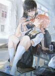  2girls :o ahoge bag between_legs black_hair black_pantyhose black_skirt can candy chair classroom commentary_request day desk dress drink_can feeding food hand_between_own_legs indoors kneehighs koito_yuu long_hair maeshima_shigeki multiple_girls nanami_touko no_shoes pantyhose pinafore_dress pink_hair red_ribbon ribbon school_desk school_uniform short_sleeves short_twintails sitting skirt sleeveless sleeveless_dress socks soda_can standing summer_uniform tohmi_higashi_high_school_uniform twintails white_socks window yagate_kimi_ni_naru yellow_ribbon yuri 