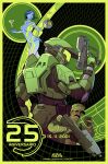  1girl 2boys armor assault_rifle assault_visor blue_lips blue_skin bodypaint bullpup colored_skin commentary cortana english_commentary green_helmet gun halo:_combat_evolved halo_(series) helmet hicox_art holding holding_gun holding_weapon hologram ma5 master_chief multiple_boys painted_clothes power_armor rifle sergeant_johnson spartan_(halo) weapon yellow_assault_visor 