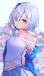  1girl alternate_costume amane_kanata asymmetrical_bangs asymmetrical_hair blue_hair blue_jacket blue_nails blush bob_cut bra_strap colored_inner_hair commentary_request eyes_visible_through_hair film_grain grey_hair grey_skirt groin hair_over_one_eye highres hololive jacket light_particles long_sleeves lowleg lowleg_skirt missing_halo missing_wings multicolored_hair nail_polish navel open_mouth outdoors pink_streaks pleated_skirt purple_eyes quilted_jacket raised_eyebrows shirt short_hair shoulder_blush single_hair_intake single_off_shoulder skirt solo stomach streaked_hair sui._(suikun) swept_bangs t-shirt two-sided_fabric two-sided_jacket virtual_youtuber white_shirt 
