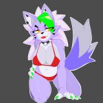 1:1 2025 anthro bedroom_eyes belly big_breasts bikini biped breasts canid canine canis clothed clothing collar digital_media_(artwork) dipstick_tail eyelashes female female_anthro five_nights_at_freddy's five_nights_at_freddy's:_security_breach fur green_hair grey_background grey_hair hair hair_over_eye half-closed_eyes hand_on_hip hand_on_own_hip hi_res kneeling looking_at_viewer mammal markings narrowed_eyes navel outline pinup pointy_ears pose prick_ears purple_body purple_fur red_bikini red_clothing red_swimwear roxanne_wolf ryuuuk scottgames seductive simple_background smile solo spiked_collar spikes standing steel_wool_studios swimwear tail tail_markings two-piece_swimsuit whisker_markings wolf