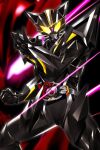  1boy absurdres animal_ears armor black_armor black_bodysuit bodysuit cat_ears clenched_hand glowing glowing_eyes hammer_born_buckle highres kamen_rider kamen_rider_my-th_(series) kamen_rider_rid male_focus reiei_8 rider_belt shoulder_armor solo tokusatsu yellow_eyes 