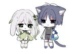  1boy 1girl adapted_costume animal_ear_fluff animal_ears asymmetrical_sidelocks black_hair black_shirt black_shorts black_tail bloomers blue_cape blunt_ends blush blush_stickers braid cape cat_ears cat_tail choppy_bangs closed_mouth cross-shaped_pupils detached_sleeves dress eyelashes eyeliner full_body fur_leg_warmers genshin_impact green_eyes green_hair green_pupils green_sleeves grey_pupils hair_ornament half_crown_braid height_difference japanese_clothes kimono leaf leaf_hair_ornament leg_warmers long_hair makeup mandarin_collar multicolored_hair nahida_(genshin_impact) open_clothes open_kimono purple_eyes rabbit_ears rabbit_girl rabbit_tail red_eyeliner scaramouche_(genshin_impact) shirt shorts side_cape side_ponytail sidelocks sleeves_past_wrists socks streaked_hair symbol-shaped_pupils tail wanderer_(genshin_impact) wheat_02 white_background white_bloomers white_dress white_hair white_kimono white_leg_warmers white_sleeves white_socks white_tail 