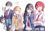  1boy 4girls :p baito_saki_ga_make_heroine_tachi_no_tamariba_ni_nata black_hair blazer blonde_hair blue_jacket blue_ribbon commentary_request crossed_arms finger_to_mouth furumi_miyako grey_eyes hands_on_own_arms harem hiding hiding_behind_another highres index_finger_raised jacket kengamine_youka long_hair long_sleeves multiple_girls naze_yoyo necktie novel_illustration official_art one_eye_closed red_hair red_necktie ribbon sailor school_uniform second-party_source shikura_hika shikura_yuu shirt short_hair sleeves_rolled_up striped_clothes striped_necktie tongue tongue_out very_long_hair white_shirt yellow_eyes yuki_hare1130 