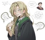  1boy 1girl black_choker black_hair black_robe blonde_hair blush breasts cheshirrr choker closed_mouth clueless_(meme) colored_eyelashes commentary curtained_hair diagonal-striped_clothes diagonal-striped_necktie earrings english_commentary english_text fangs fingernails genderswap genderswap_(mtf) glasses green_eyes green_nails green_necktie green_robe green_snake grey_sweater hand_in_own_hair harry_potter harry_potter_(series) heart highres hogwarts_school_uniform hoop_earrings jewelry long_fingernails long_hair long_sleeves looking_at_viewer malfoid meme necktie open_mouth red_necktie red_robe ringed_eyes robe scar scar_on_face scar_on_forehead school_uniform sharp_fingernails shirt short_hair simple_background slytherin small_breasts smile solo_focus speech_bubble striped_clothes striped_necktie sweater teeth tsundere two-sided_fabric two-sided_robe upper_teeth_only variant_set white_background white_shirt wide_sleeves wizarding_world 