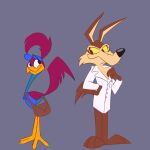 1:1 alternate_color anthro avian b33pb00p10101 bird canid canine canis clothing coat coyote cuculiform delivery_(commerce) delivery_employee duo eye_contact feral hat headgear headwear hi_res lab_coat looking_at_another looney_tunes mailbag male male/male mammal new_world_ground_cuckoo postal_carrier postal_delivery road_runner_(looney_tunes) roadrunner topwear warner_brothers wile_e._coyote