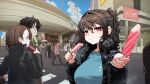  1boy 2girls absurdres black_hair black_jacket blue_shirt breasts brown_hair closed_mouth cloud commentary_request crowd eating food hair_intakes highres holding holding_food holding_popsicle jacket korean_commentary large_breasts long_hair looking_at_another looking_at_viewer multiple_girls open_clothes open_jacket original overpass ponytail popsicle purple_eyes road shirt short_hair sky solo_focus street upper_body walking yain 
