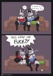 absurd_res anthro balls big_balls big_breasts big_penis black_body black_ears black_fur black_tail blue_bottomwear blue_clothing blue_shirt blue_shorts blue_topwear bottomless bottomless_anthro bottomless_male bottomwear bottomwear_down bowl breasts brown_sofa bulge chips_(food) clothed clothed_anthro clothed_female clothing comic container dark_balls dark_body dark_fur dark_penis dialogue domestic_cat duo ear_piercing english_text exposed_shoulder felid feline felis female food fully_clothed fully_clothed_anthro fully_clothed_female fur furniture genitals gloves_(marking) grey_balls grey_body grey_fur grey_inner_ear grey_penis hi_res hotpants huge_balls huge_penis hybrid ippa_(ipskrimson) ippy_(ipskrimson) ipskrimson lagomorph leg_markings leporid male male/female mammal markings multicolored_body multicolored_fur partially_clothed penis penis_grab piercing profanity purple_bottomwear purple_clothing purple_shorts rabbit red_clothing red_shirt red_topwear shirt shorts shorts_down shorts_off shoulder_strap socks_(marking) sofa speech_bubble tail text topwear two_tone_body two_tone_fur undressing_another vein veiny_penis yelling