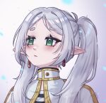  1girl absurdres blush capelet closed_mouth commentary earrings elf frieren gold_trim green_eyes grey_hair highres jewelry klmmox long_hair long_pointy_ears meme parted_bangs pointy_ears shirt simple_background solo sousou_no_frieren striped_clothes striped_shirt teardrop_earrings twintails two-tone_shirt upper_body upward_angle_frieren_drawing_(meme) white_capelet white_hair 