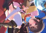  1girl ass bandaged_leg bandages blurry blurry_foreground blush brown_hair chromatic_aberration collared_shirt commentary_request from_below highres kono_subarashii_sekai_ni_bakuen_wo! kono_subarashii_sekai_ni_shukufuku_wo! looking_at_viewer mage_staff megumin nazonaji necktie parted_lips pink_shirt red_eyes shirt sideways staff variant_set 