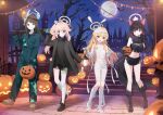  4girls after-school_sweets_club_(blue_archive) airi_(blue_archive) airi_(halloween)_(blue_archive) animal_costume animal_ears bandages bare_shoulders barefoot black_gloves black_hair black_tail blonde_hair blue_archive breasts cat_ears colored_inner_animal_ears colored_inner_hair flat_chest frankenstein's_monster_costume full_body fur_collar fur_scarf gloves green_jumpsuit hair_ornament hairclip halloween_bucket halloween_costume halo holding holding_halloween_bucket holding_lantern jacket jumpsuit kazusa_(blue_archive) kazusa_(halloween)_(blue_archive) lantern long_hair looking_at_viewer mask mask_on_head medium_breasts midriff multicolored_hair multiple_girls mummy_costume naked_bandage natsu_(blue_archive) natsu_(halloween)_(blue_archive) navel night nima_(niru54) object_through_head official_alternate_costume official_art paint_splatter pink_hair red_eyes screw_in_head short_hair side_ponytail standing stitched_face stitches torn_clothes two-tone_hair wolf_costume yellow_eyes yoshimi_(blue_archive) yoshimi_(halloween)_(blue_archive) 