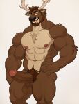 abs anthro antlers balls barazoku beard big_muscles big_pecs black_nose brown_body brown_fur brown_hair brown_pubes butt cel_shading chest_tuft darknaigart deer erection eyebrows facial_hair foreskin fur genitals glans hair hand_on_hip hi_res horn humanoid_genitalia humanoid_penis looking_at_viewer lower_teeth_only male mammal muscular muscular_anthro muscular_arms muscular_male muscular_thighs nipples open_mouth pecs penis pink_glans pink_nipples pubes retracted_foreskin shaded short_hair simple_background solo thick_eyebrows thick_neck tongue tuft vein veiny_penis white_background