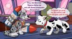 absurd_res animal_genitalia animal_penis animal_vulva balls blaze_(oc_marvispot84) blue_eyes blue_merle breasts canid canine canine_genitalia canine_penis canine_vulva canis cel_shading collar dalsky_(dalmatian_and_husky) domestic_dog duo english_text evil_grin eye_spots fan_character female feral fireworks fully_sheathed fur genital_markings genitals grey_body grey_fur hair harness hi_res lemonade_stand male mammal markings marvispot84 nickelodeon night paw_patrol penis purple_eyes red_hair rocket shaded sheath smile speech_bubble spots spots_(oc_marvispot84) spotted_balls spotted_body spotted_fur spotted_genitalia spotted_vulva text villainous vulva vulva_markings walking_backwards white_body white_fur