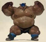 absurd_res anthro barazoku baseball_cap bear belly bernie_burr biceps big_muscles big_pecs bottomwear broad_shoulders brown_body brown_fur clothed clothing flexing front_view full-length_portrait fur hat hat_over_eyes headgear headwear hi_res huge_muscles huge_pecs hyper hyper_muscles male mammal musclegut muscular muscular_arms muscular_male muscular_thighs nipples pecs portrait pose shorts simple_background solo stocky tan_background topless topless_male trapezius