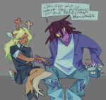  2girls animal_ears antlers arm_cutting bandaid_box bike_shorts bike_shorts_under_skirt black_skirt black_sweater blonde_hair blue_pants brown_fur collared_shirt colored_sclera colored_skin comforting crying crying_with_eyes_open cuts deer_ears deer_tail deltarune denim first_aid freckles highres holding_another's_wrist hooves horns injury jacket jeans leuz3r looking_at_viewer multiple_girls noelle_holiday pants purple_hair purple_jacket purple_skin red_nose reindeer_antlers reindeer_girl reptile_girl scar self-harm self-harm_scar shirt sitting skirt smile susie_(deltarune) sweater tail teardrop tears torn_clothes torn_jeans torn_pants utdr_(toby_fox) wavy_hair white_shirt worried wrist_cutting yellow_sclera 