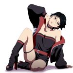  1girl adhdnojutsu artist_name belt black_hair boruto:_two_blue_vortex boruto_(series) choker commentary earrings english_commentary glasses high_heels jacket jewelry konohagakure_symbol leg_warmers lying naruto_(series) on_side open_clothes open_jacket oversized_jacket red_belt red_eyes red_trim sharingan short_hair short_shorts shorts simple_background single_off_shoulder sitting solo strapless thigh_strap tube_top uchiha_sarada uchiha_symbol 