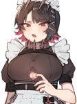  1girl absurdres black_dress black_hair blush breasts button_gap colored_inner_hair commentary_request dress ellen_joe fang hair_ornament highres large_breasts looking_at_viewer luca_(luca_0520) maid maid_headdress mole mole_under_eye multicolored_hair partially_unbuttoned red_eyes red_hair short_hair short_sleeves sweat underboob upper_body white_background zenless_zone_zero 