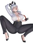  1girl absurdres ahoge arm_up black_choker black_gloves black_horns black_pants black_shoes breasts choker commentary curled_horns earrings gloves grey_hair hair_between_eyes high-waist_pants high_heels highres horns jewelry key_earrings large_breasts long_hair long_sleeves necktie no_bra open_clothes open_mouth open_shirt pants red_eyes red_necktie shirt shirt_tucked_in shoes simple_background sleeve_rolled_up solo spread_legs tongue tongue_out undone_necktie white_background white_shirt wuthering_waves yuzuriha_(pixiv_14248010) zani_(wuthering_waves) 