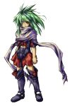  1girl 2000s_(style) black_boots black_dress boots commentary_request covered_mouth dress elehime emerada_(xenogears) full_body green_hair grey_scarf hair_over_one_eye long_hair looking_at_viewer red_skirt scarf short_sleeves simple_background skirt solo spiked_hair standing torn_clothes torn_dress two-tone_dress white_background xenogears yellow_eyes 
