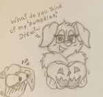 101_dalmatian_street 101_dalmatians 2026 absurd_res anthro bedroom_eyes big_breasts bird_dog blush blush_lines blushing_profusely breast_grab breast_squish breasts bulging_eyes canid canine canis clothing dalmatian disney domestic_dog drew_dalmatian_(slightlyarousedguy) duo eyelashes facial_markings female floppy_ears food fruit graphite_(artwork) halloween hand_on_breast head_markings hi_res holding_breast holidays huge_breasts hunting_dog inktober inktober_2026 kinktober kinktober_2026 looking_at_another looking_at_viewer male mammal markings motion_lines narrowed_eyes neck_tuft nova_scotia_duck_tolling_retriever plant pumpkin pumpkin_breasts retriever seductive shirt shocked slightlyarousedguy sophie_scotia spooktober spots spotted_markings squish surprised text topwear traditional_media_(artwork) tuft