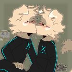 1:1 2025 anthro black_clothing blush bodily_fluids clothed clothing cutaway digital_media_(artwork) duo eyes_closed felid feline floppy_ears fluffy fluffy_ears fluffy_face fluffy_hair fluffy_tail foxanto green_eyes hair half-closed_eyes hi_res kissing male mammal meme narrowed_eyes oosharkoo photo romantic romantic_couple russian_text selfcest simple_background square_crossover sweat tail text topwear watermark